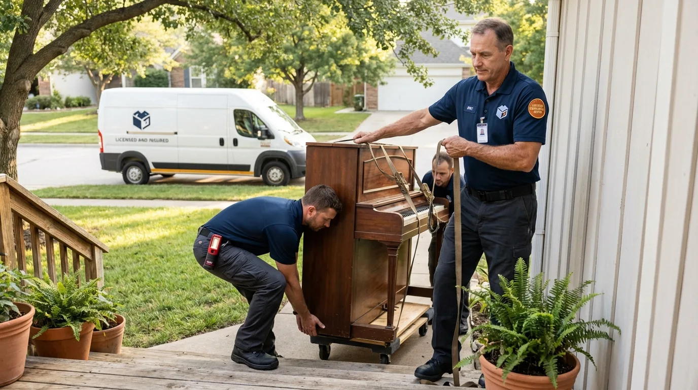 Licensed piano movers securing grand piano in Union Hall, VA