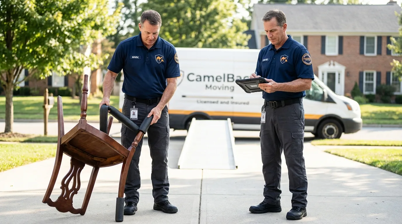 Movers inspecting furniture for damage prevention before loading in Union Hall, VA