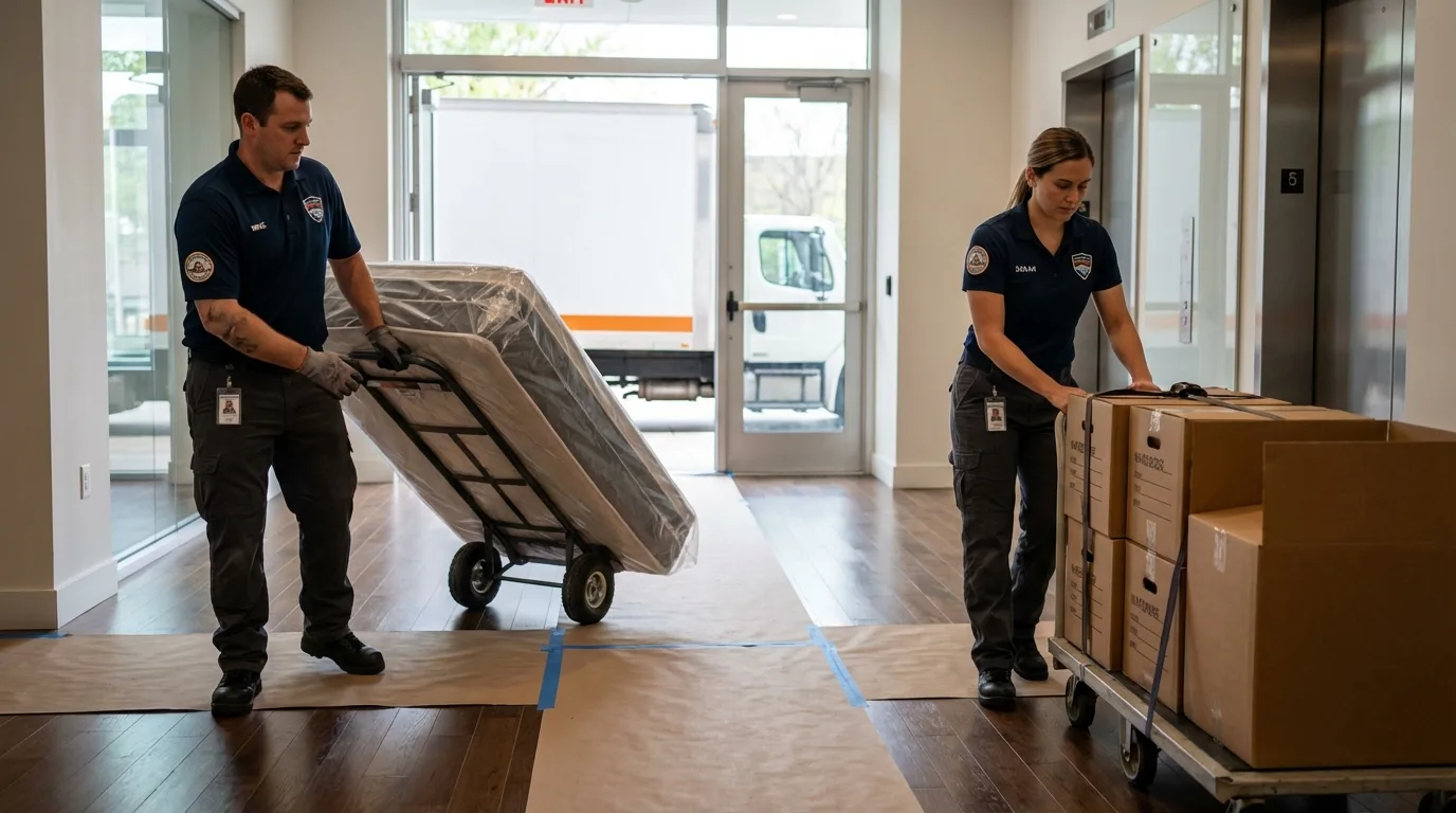 Professional apartment movers loading elevator in Union Hall, VA
